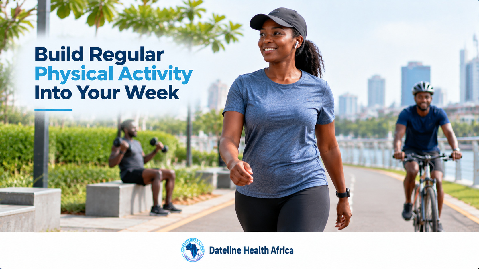 Image of an African woman walking outdoors while others exercise nearby, highlighting the importance of regular physical activity in a healthier daily routine.
